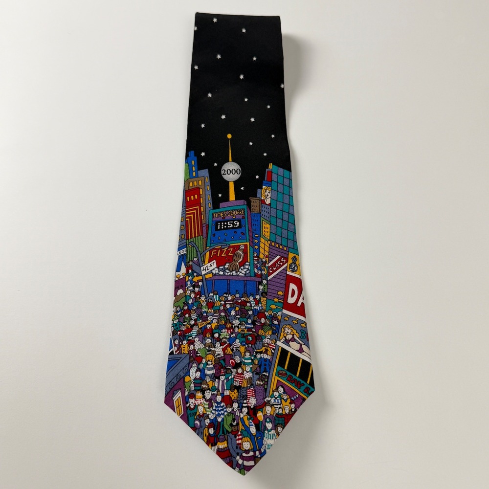 Y2K New Years Eve 2000 Times Square NYC Graphic Vicky Davis Vintage Silk Tie